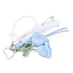 Handmade Cotton Yarn Crochet Lily of the Valley & ABS Pearl Round Bead & Polyester Cord Pendant Decorations&nbsp;HJEW-JM04387-01
