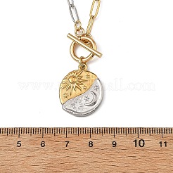 Two Tone 304 Stainless Steel Paperclip Chain Moon with Sun Coin Pendant Necklaces&nbsp;NJEW-JN06573