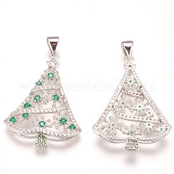 真鍮製マイクロパヴェキュービックジルコニアペンダント  カドミウムフリー＆鉛フリー  クリスマスツリー  グリーン  プラチナ  29.5x22.5x4mm  穴：3.5x5mm&nbsp;ZIRC-F086-03P