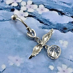 ピアス  真鍮キュービックジルコニアおへそリング  ベリーリング  304ステンレススチールバー付き  鉛フリー＆カドミウムフリー  ウイング  透明  41.5mm  ペンダント：19.5x25.5mm  バー: 14 ゲージ (1.6mm)  バーの長さ: 3/8