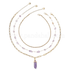Natural Amethyst Double Terminated Pointed Bullet Pendant 304 Stainless Steel & Brass Chain 3 Layer Necklaces for Women&nbsp;NJEW-JN05477-01