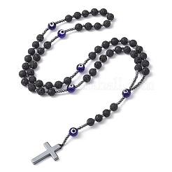 Natural Lava Rock & Synthetic Hematite Rosary Bead Necklaces&nbsp;NJEW-JN04460