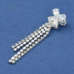 蝶結び真鍮ラインストーンタッセル大きなペンダント  カドミウムフリー＆鉛フリー  銀  60x13x10mm  穴：1.2mm&nbsp;KK-I715-02S-03
