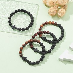 Natural & Synthetic Mixed Gemstone & Wood Cross Beaded Stretch Bracelet&nbsp;BJEW-JB09623