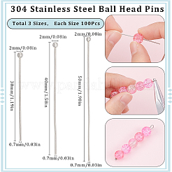 300個 3スタイル 304ステンレススチールボールヘッドピン  ステンレス鋼色  30~50x0.7mm（21ゲージ）  ヘッド：2mm  100個/スタイル&nbsp;STAS-SC0007-75