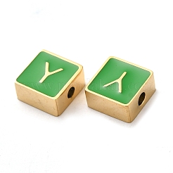 304ステンレススチールエナメルビーズ  14KGP本金メッキ  文字のある正方形  文字y  8x8x4mm  穴：2mm&nbsp;STAS-L022-293G-Y