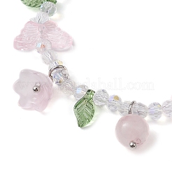 Natural Rose Quartz & Glass Beaded Stretch Bracelet with Flower Charms&nbsp;BJEW-JB10176-02
