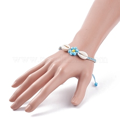 天然のタカラガイの殻とガラスの編みこみのビーズブレスレット  女性用フラワーブレスレット  ディープスカイブルー  内径：2-1/4~3-3/8インチ（5.7~8.7cm）&nbsp;BJEW-TA00079-02