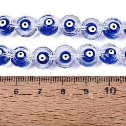 ガラスエナメルビーズ連売り  ナザールボンジュウ模様とフラットラウンド  多面カット  ブルー  10x6~8mm  穴：1~1.2mm  約35個/連  12.99~13.39インチ（33~34cm）&nbsp;GLAA-Q112-01A-02