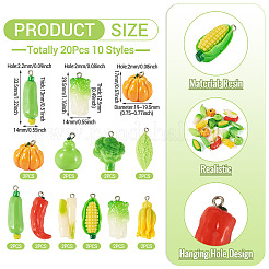 20個10スタイル不透明樹脂ペンダント  模造野菜  プラチナ鉄ループ付き  混合図形  17~36x13.5~22x7~19.5mm  穴：2~2.2mm  2個/スタイル&nbsp;RESI-TA0005-37