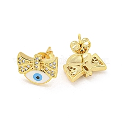 Bowknot with Evil Eye Real 18K Gold Plated Brass Stud Earrings&nbsp;EJEW-L269-105G-02