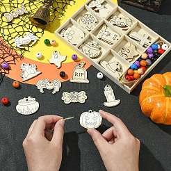 2セット2スタイルのDIY木製ペンダント  ハロウィンをテーマにした  ミックスカラー  190x130x16mm  1セット/スタイル&nbsp;WOOD-CJ0002-28