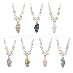 Summer Beach Handmade Porcelain Shell Shaped Pendant Brass & ABS Plastic Imitation Pearl Link Chain Necklaces&nbsp;NJEW-JN05272