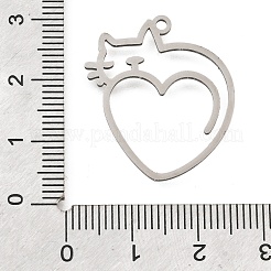 ステンレスペンダント201個  レーザー切断  猫チャーム付きハート  ステンレス鋼色  27x23.5x1mm  穴：1.6mm&nbsp;STAS-S176-14P-1