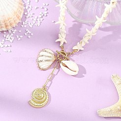 Ocean Natural Cowrie Shell & Brass Shell Shape Pendant Necklaces&nbsp;NJEW-JN06108