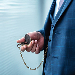 Vintage Alloy Flat Round Hollow Pocket Watch with Brass Curb Chain&nbsp;AJEW-PH0007-68AB