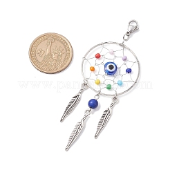 Woven Web/Net with Feather Alloy & Chakra Glass Beads Pendant Decorations&nbsp;HJEW-JM01990
