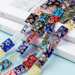 長方形手作りミッレフィオーリガラスビーズ  ミックスカラー  14x10x4mm  穴：1mm  約27個/連  14.9インチ&nbsp;LK-R004-56