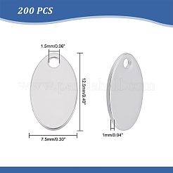 304ステンレススチールチャーム200個  空白タグのスタンプ  オーバル  ステンレス鋼色  12.5x7.5x1~1.5mm  穴：1.5mm&nbsp;STAS-UN0039-14