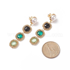 Glass Rectangle Beaded Long Dangle Stud Earrings with Imitation Pearl&nbsp;EJEW-TA00141-01