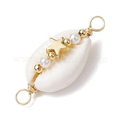 3Pcs 3 Styles Natural Cowrie Shell Copper Wire Wrapped Moon & Heart & Star Brass Beads Links&nbsp;PALLOY-JF02941