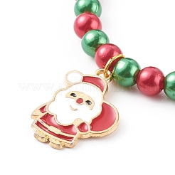 子供のためのクリスマスのテーマストレッチチャームブレスレット  イミテーションパールアクリルラウンドビーズとアロイエナメルペンダント付き  ゴールドカラー  ミックスカラー  内径：1-7/8インチ（4.8cm）&nbsp;BJEW-JB06170