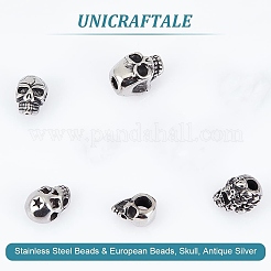 304ステンレススチールビーズ  スカル  アンティークシルバー  14~20x9~13x8.5~13mm  穴：1.5~6mm  10個/箱&nbsp;STAS-UN0008-34AS