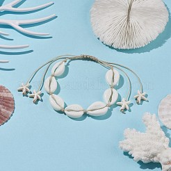 合成ターコイズ（染色）ヒトデ付きアクリルシェル編みビーズブレスレット  女性のための夏の調節可能なブレスレット  バリーウッド  内径：1-1/2~4-1/8インチ（3.8~10.3cm）&nbsp;BJEW-JB08058-01