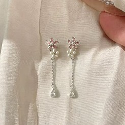 Alloy & Plastic Pearl Double Flower Long Tassel Stud Earrings&nbsp;WGD88DF-01