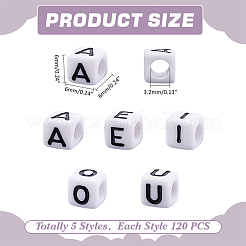 600個 5スタイル アクリル 横穴文字ビーズ  aeoiu の文字が書かれた立方体  ホワイト  6x6x6mm  120個/スタイル&nbsp;OACR-ME0001-34