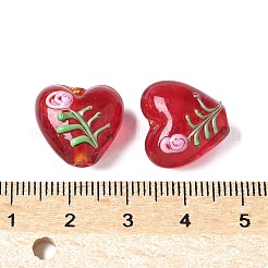 手作りの透明ランプワークビーズ  花とハート  暗赤色  14.5~15x15~15.5x9~10mm  穴：2mm&nbsp;BLOW-D300-07B