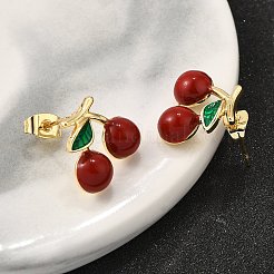 真鍮エナメルスタッドピアス  18KGP本金メッキ  チェリー  13.5x15.5mm&nbsp;EJEW-G430-06A-G