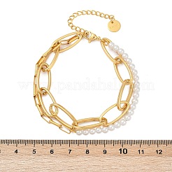 304ステンレススチールマルチ連ブレスレット  女性用楕円形リンクチェーンブレスレット  プラスチック模造パールと  18KGP本金メッキ  7-1/2インチ（19cm）&nbsp;BJEW-C104-02G