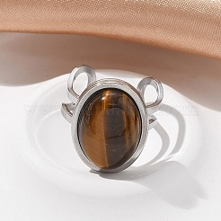 楕円形の天然タイガーアイ指輪  女性用304ステンレススチールオープンカフリング  オーバル：21.5x16.5mm  内径: 調節可能&nbsp;RJEW-M062-02P-02