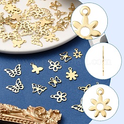 60個 10スタイル 304 & 201 ステンレススチールチャーム  切り取る  花と蝶と葉  ゴールドカラー  9~13.5x7.5~15x0.3~1mm  穴：0.8~4mm  6個/スタイル&nbsp;STAS-FS0001-93