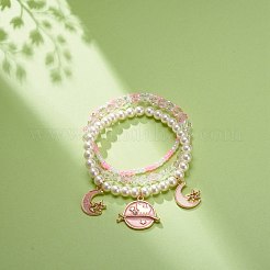 3 スタイル シェル パール & ガラス シード ビーズ ストレッチ ブレスレット セット 3 個  女性のための合金エナメルムーン＆スターチャームブレスレット  ピンク  内径：2-1/8~2-1/4インチ（5.3~5.7cm）  3個/セット&nbsp;BJEW-JB08705-02