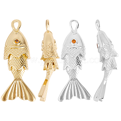 10本2色真鍮マイクロパヴェクリアキュービックジルコニアペンダント  魚のチャーム  ゴールデン＆シルバー  22x9x5mm  穴：1mm  5個/カラー&nbsp;KK-BBC0023-48