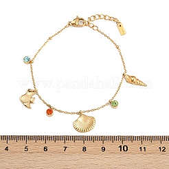 女性用304ステンレススチールチャームブレスレット  魚と貝殻の形と巻貝  ガラスと  イオンプレーティング（ip）  18KGP本金メッキ  6-1/2インチ（16.5cm）&nbsp;BJEW-C114-09G