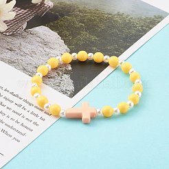 子供のための不透明なアクリルストレッチビーズブレスレット  アブソリュートプラスチック模造パールビーズ  ラウンド＆クロス  ミックスカラー  内径：1-3/4インチ（4.6cm）&nbsp;X-BJEW-JB06230