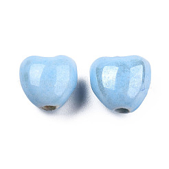 パールカラーの手作りの磁器のビーズ  ハート  ライトスカイブルー  10x10x7mm  穴：1.8mm&nbsp;X1-PORC-T007-21-07