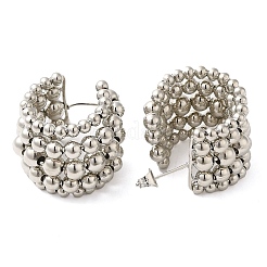 ラックメッキ真鍮ビーズラウンドスタッドピアス  ハーフフープピアス  プラチナ  23x19mm&nbsp;EJEW-M225-01P