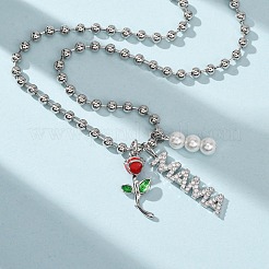 母の日 真鍮製マイクロパヴェ クリアキュービックジルコニア エナメル 赤いバラの花 ママペンダントネックレス（女性用）  フェイクパールビーズ付き  カドミウムフリー＆鉛フリー  長持ちメッキ  ラックめっき  プラチナ  17.24インチ（43.8cm）&nbsp;NJEW-A071-02P