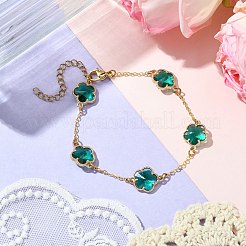 ガラスの花のリンクブレスレット  女性用真鍮アズキチェーンジュエリー  ゴールドカラー  グリーン  7-1/4インチ（18.5cm）&nbsp;BJEW-JB10219-02