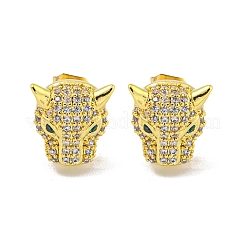 ウルフ真鍮マイクロパヴェクリア＆グリーンキュービックジルコニアスタッドピアス（女性用）  18KGP本金メッキ  11x11mm&nbsp;EJEW-G387-02G