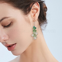 シェルパール&プラスチック&ガラスフラワーダングルイヤリング  304ステンレススチールクラスターロングドロップイヤリング（女性用）  グリーン  64mm  ピン：0.6mm&nbsp;EJEW-TA00193