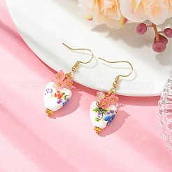 手作りの磁器とアクリルビーズのドロップピアス（女性用）  花とハート  304ステンレススチールピアスフック付き  ゴールドカラー  ミックスカラー  40x14.5mm&nbsp;EJEW-JE07329