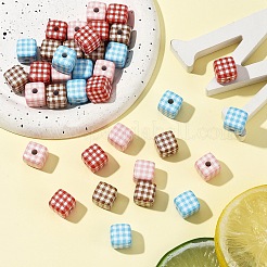 10個のプリント不透明アクリルビーズ  チェック柄の立方体  ミックスカラー  14x14~14.5x14~14.5mm  穴：3.8mm&nbsp;MACR-YW0004-19E