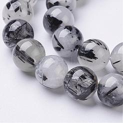 天然石ブラックルチルクォーツビーズ連売り  ラウンド  10mm  穴：1mm  18~19個/連  7.5インチ&nbsp;G-D295-10mm
