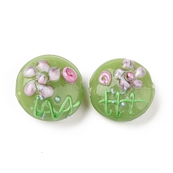手作り凹凸柄ランプワークビーズ連売り  花付きフラットラウンド  黄緑  17~20.5x10~14mm  穴：1.4mm&nbsp;LAMP-K027-06I