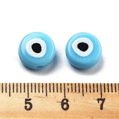 オペークプリントアクリルビーズ  アイ模様を有する平坦な円形  ライトスカイブルー  10x5mm  穴：1.8mm&nbsp;OACR-G038-04E